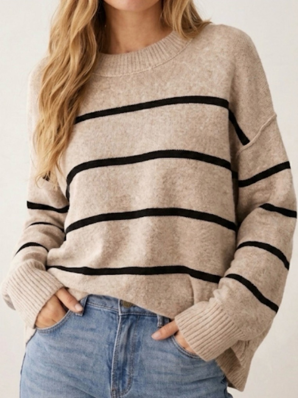 Aerie Oversized Crewneck Sweater Small Oatmeal Beige Black Stripe Boho Comfort
